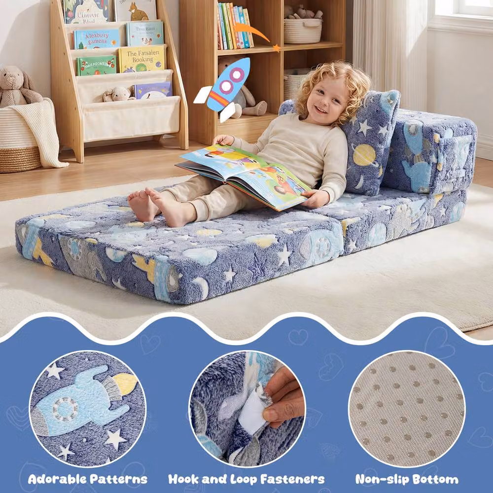 Costway Glow In the Dark 3-in-1 Fold Out Kids Sofa Bed with Zippered Covers, Navy Blue – 3