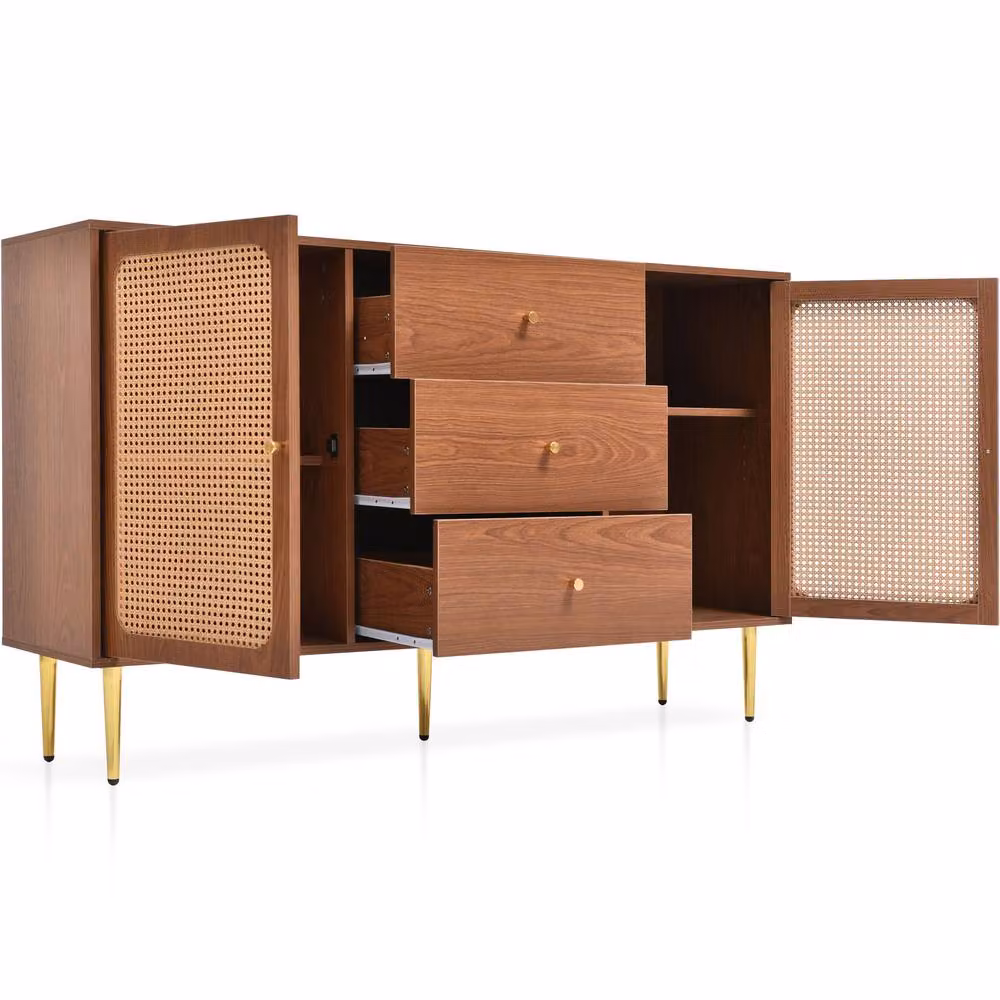 HomeTouch Rattan Sideboard with Drawers in Brown Walnut Effect with Gold Accents, W/D/H: 150 x 40 x 90 cm – 3
