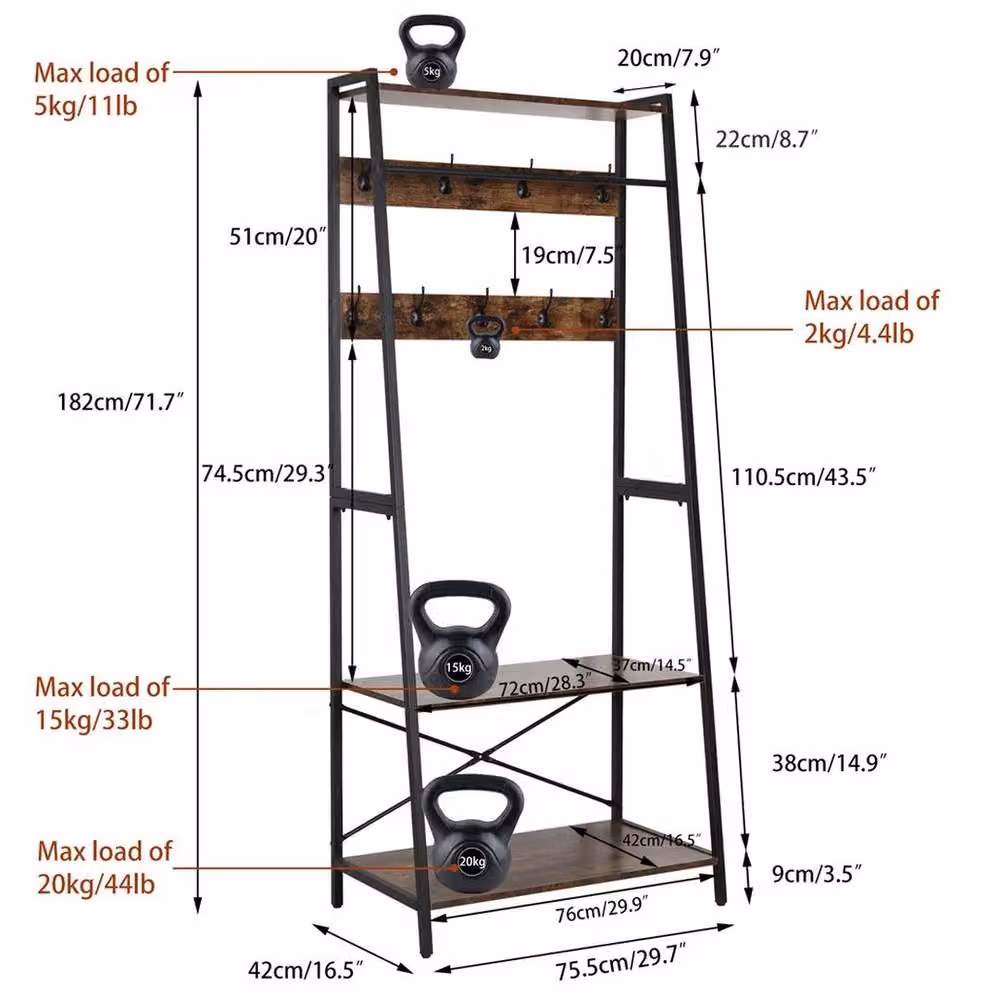 Kelvenix Industrial Hall Tree with Bench and Continuous Linear Rail in Brown – 2