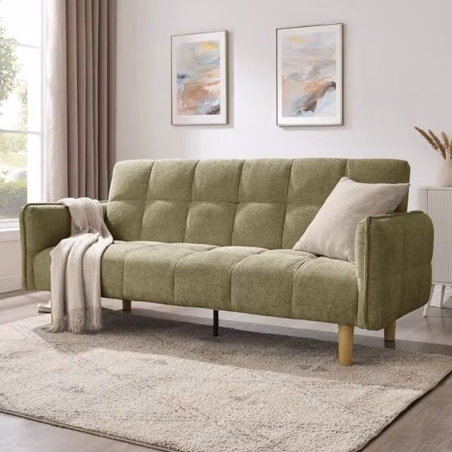 Bergamot Sage Green Chenille Upholstered Click-Clack Sofa Bed