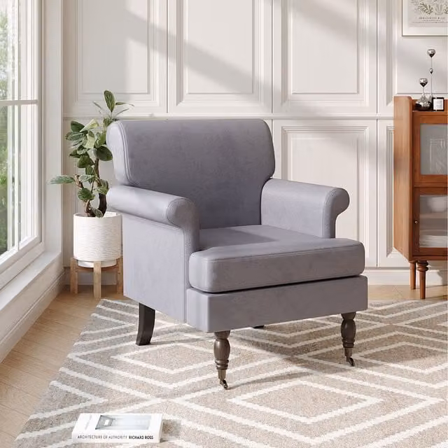 Komore Grey Velvet Armchair with Solid Wood Frame and Armrests
