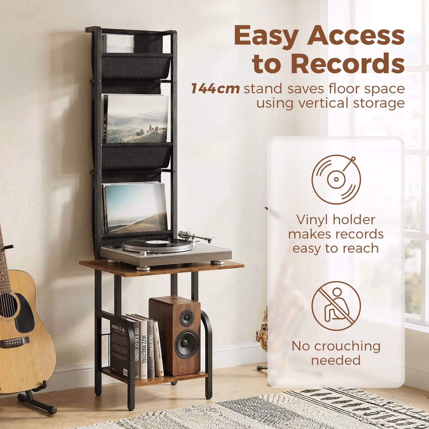 HOMCOM Vinyl Record Player Stand with Oxford Fabric Storage Pockets and Bottom Shelf, Rustic Brown and Black – 5