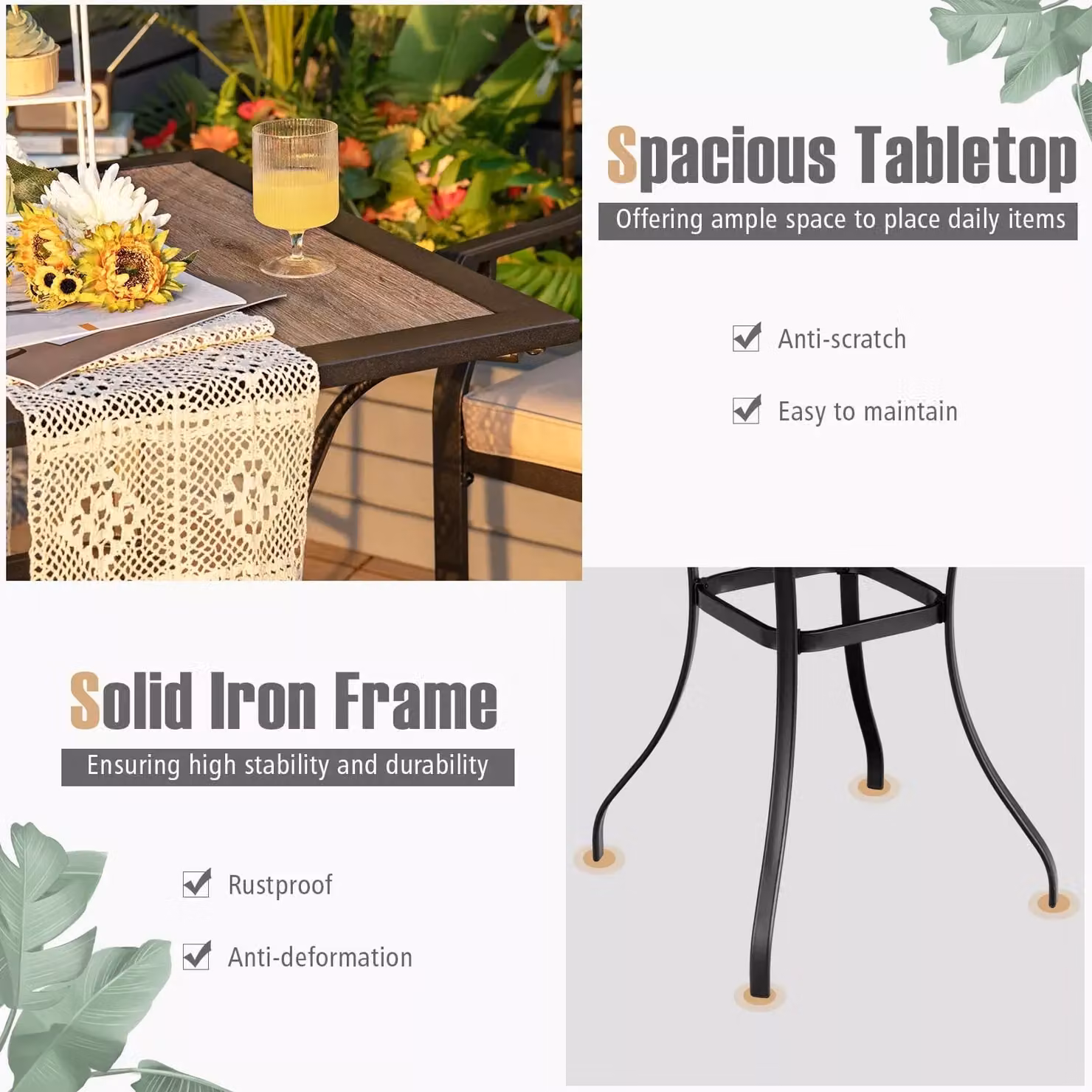 Costway 3 Piece Brown Patio Bar Set with 2 Upholstered Bar Stools – 5