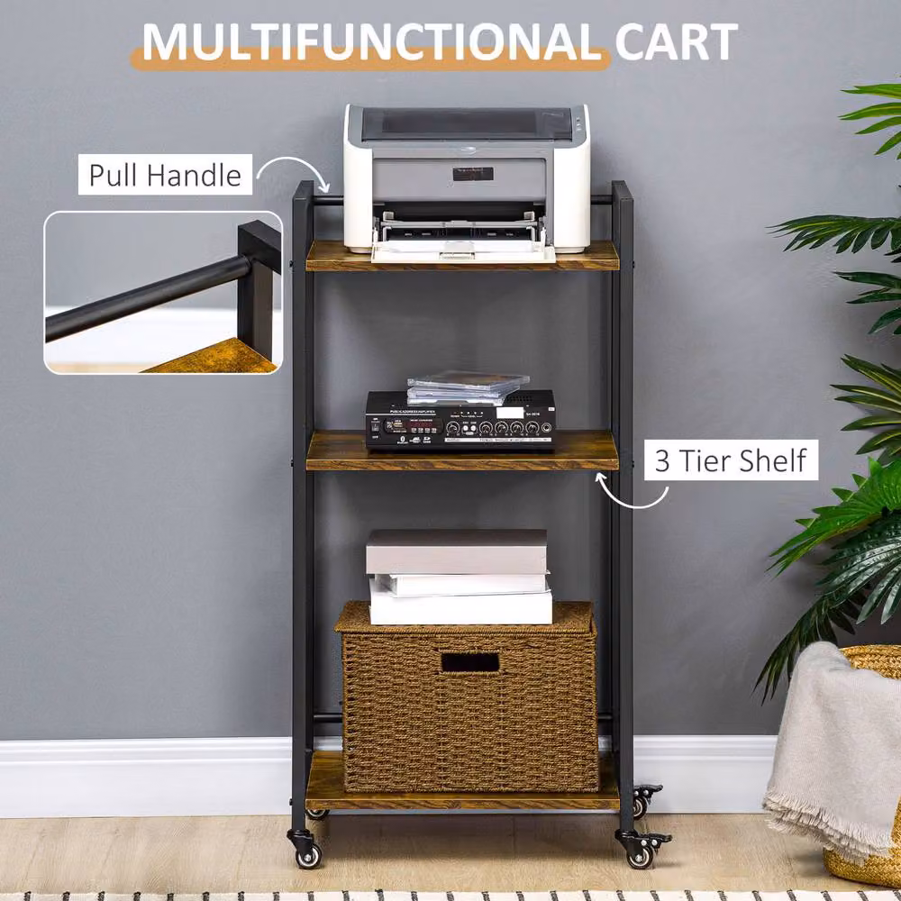 STILVORA 3-Tier Printer Stand with Adjustable Shelves and Wheels in Brown – 3