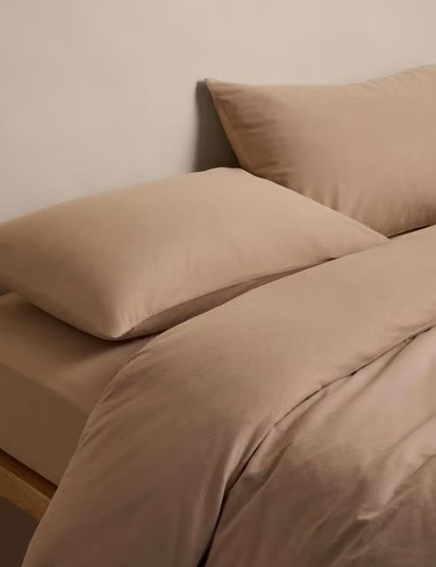 M&S Classic Plain Pure Cotton Brushed Flannelette Bedding Set, Beige, W: 180 cm x D: 200 cm
