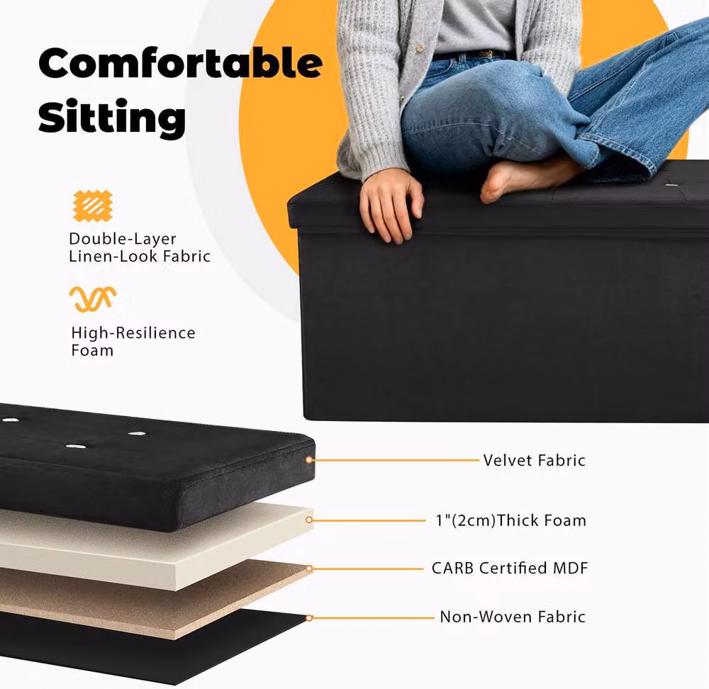 Simpa Large Fold Flat Black Brushed Velvet Ottoman Storage with Comfortable Cushion, L 76 cm x W 38 cm x H 37 cm – 4