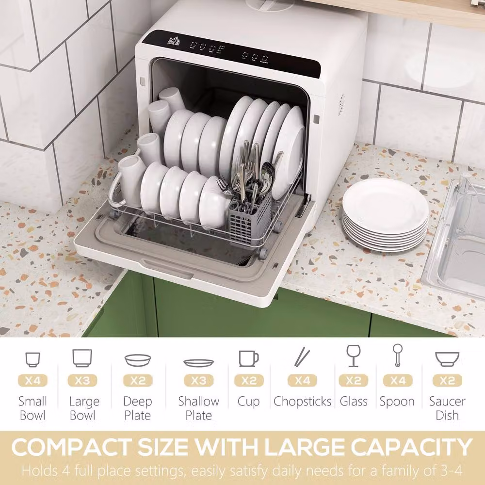 HOMCOM Countertop Dishwasher with 4 Place Settings and 6 Programs, Black and White – 4