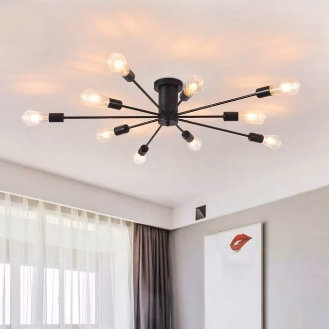 Garwarm 10-Light Sputnik Semi Flush Mount Industrial Star Chandelier in Black – 1