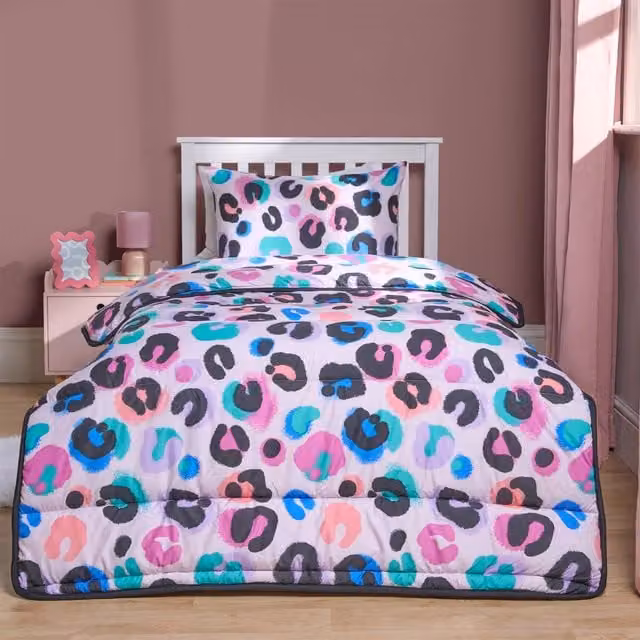 OHS Pink Leopard Print Kids Duvet and Pillowcase Set, 10.5 Tog, Single