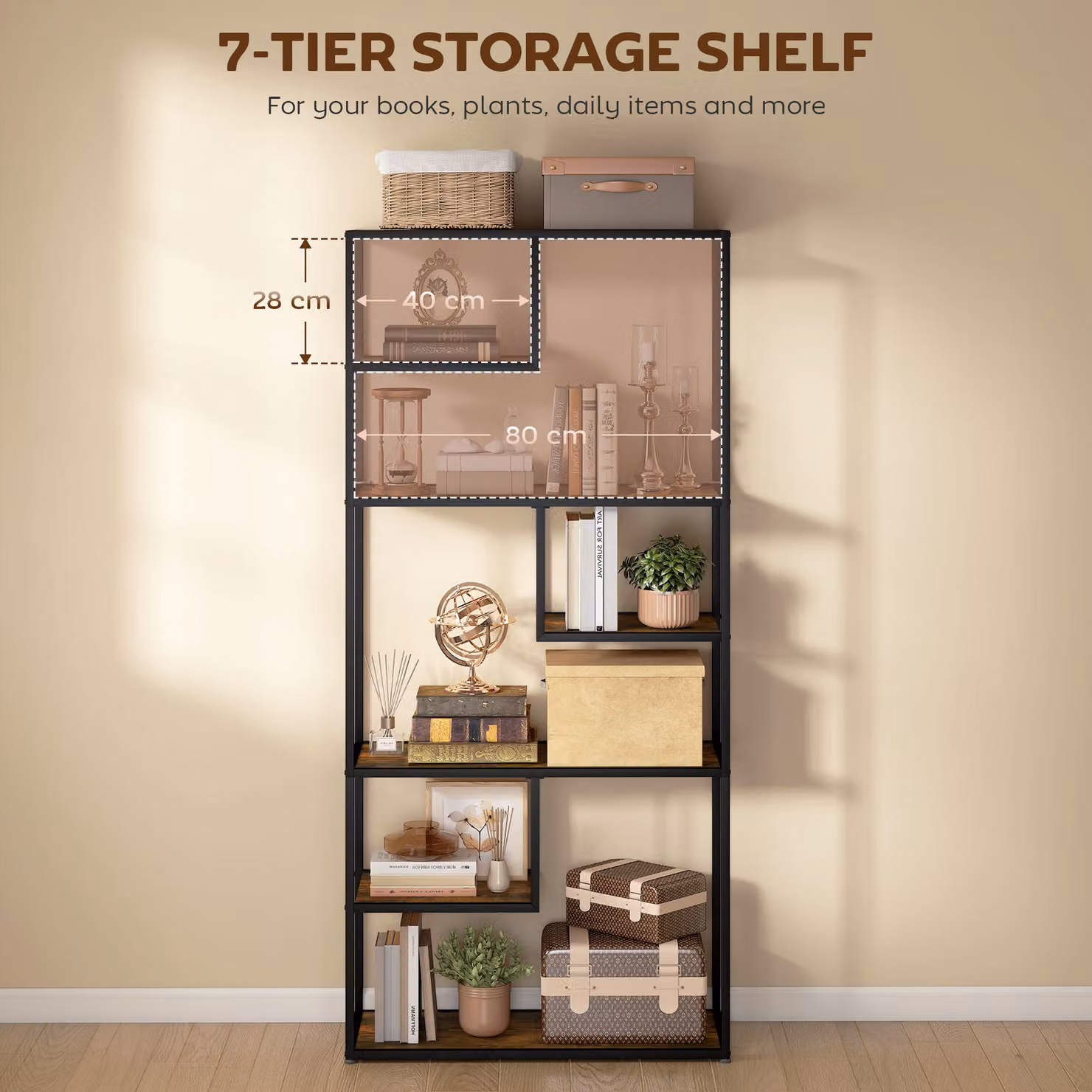 HOMCOM 7 Tier Industrial Bookcase Shelf in Rustic Brown with Metal and Wood Storage Shelving for your Living Room, Home Office or Bedroom – 4