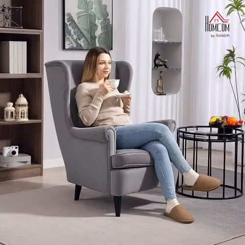 HOMCOM Modern Grey Velvet Wingback Armchair with Wood Legs, W/D/H: 75 x 83 x 104 cm – 2