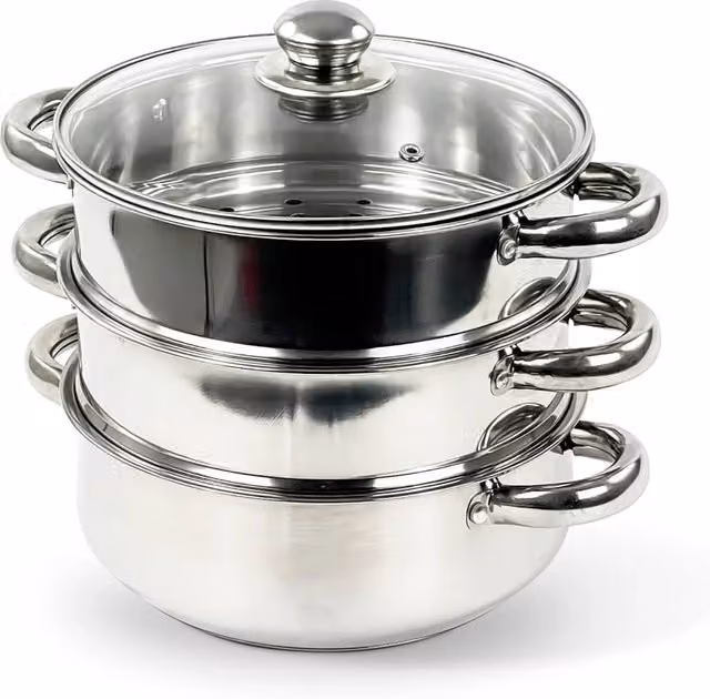 SPETLEK 3 Tier Stainless Steel Steamer Pot Cooker Set with Glass Lid, Metallic Silver, Diameter: 22 cm – 1