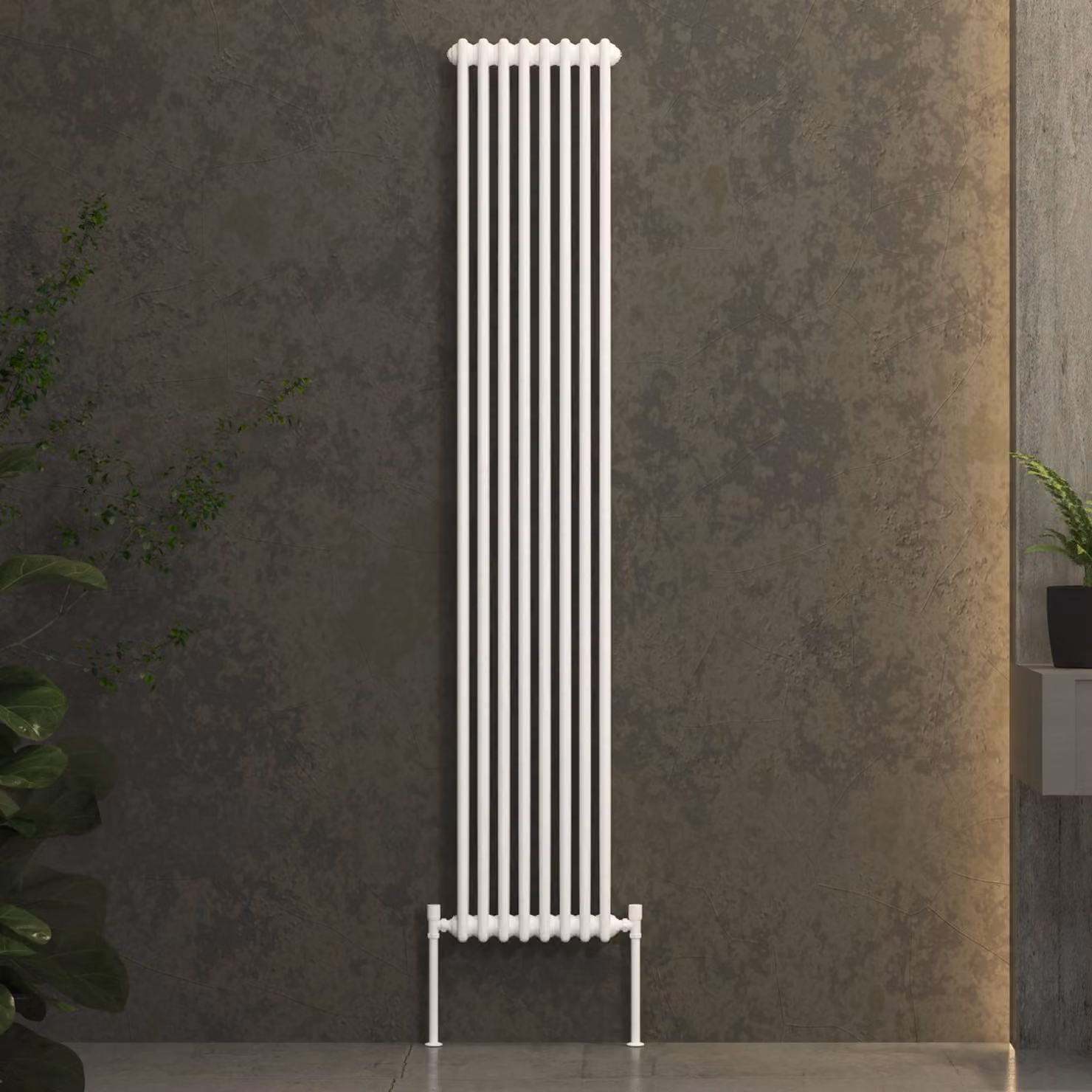 Fluxx White Vertical Double Column Stainless Steel Wall Mounted Radiator, H: 180 cm, W: 38 cm