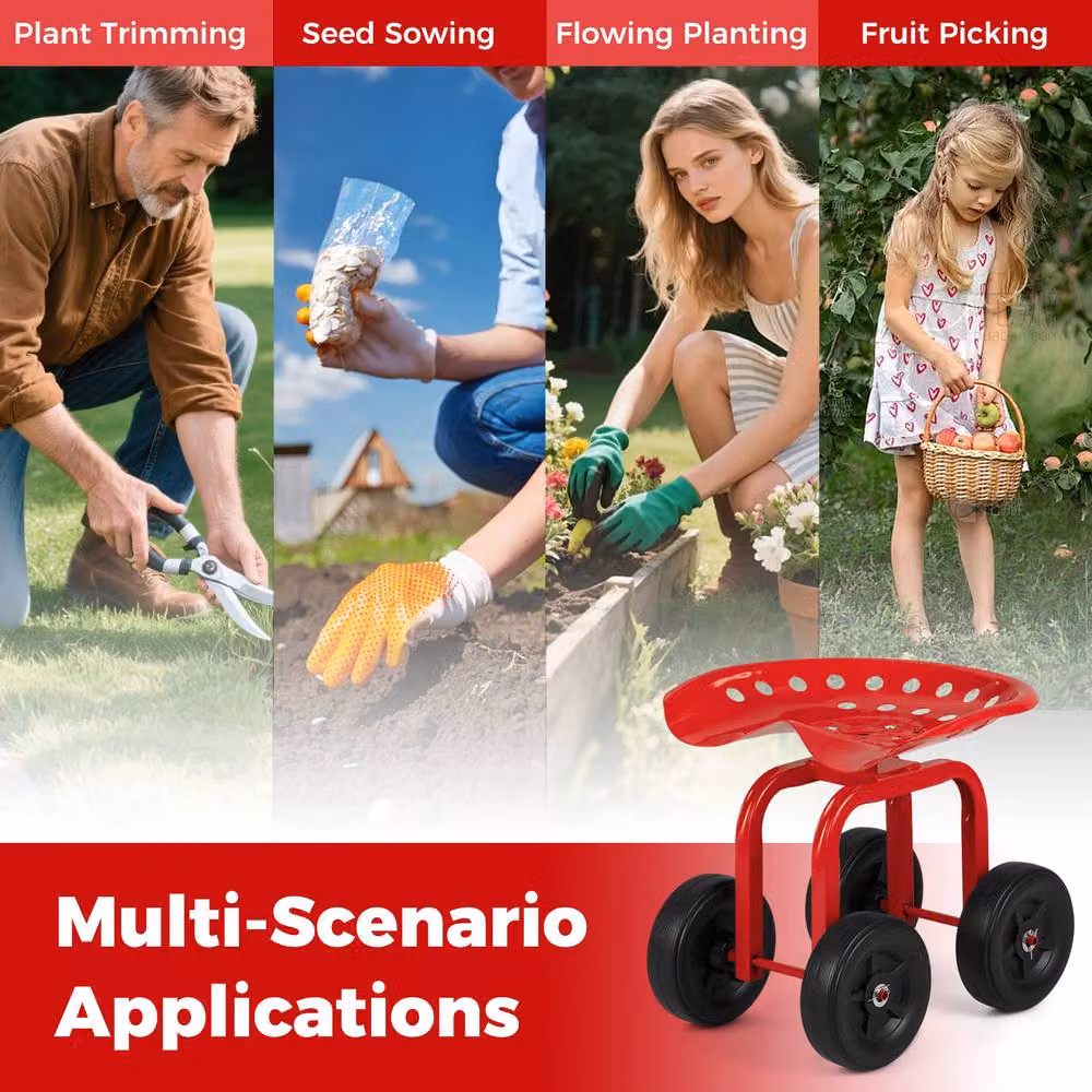 Costway Garden Cart Rolling Wagon Scooter with Height Adjustable Seat in Red – 10