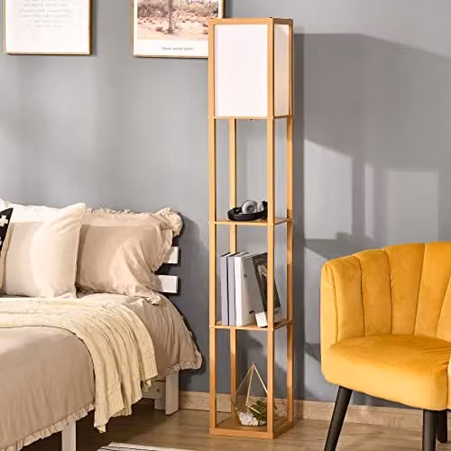 HOMCOM Modern 3-Tier Floor Lamp with Storage Shelves in Yellow and Wood – 2