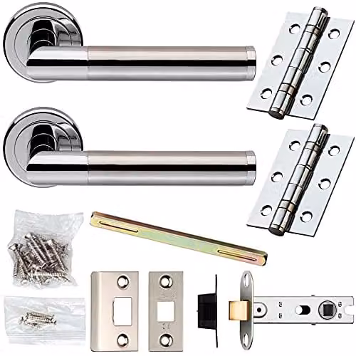 Loops Door Handle and Latch Pack in Chrome and Satin Nickel with Screwless Round Rose