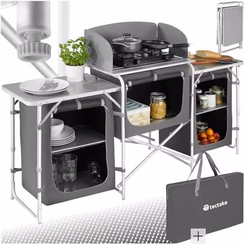 tectake Portable Camping Kitchen in Grey with 5 Internal Shelves, Heat-Resistant Worktop and Aluminium Frame, W/D/H: 104 x 52 x 52 cm