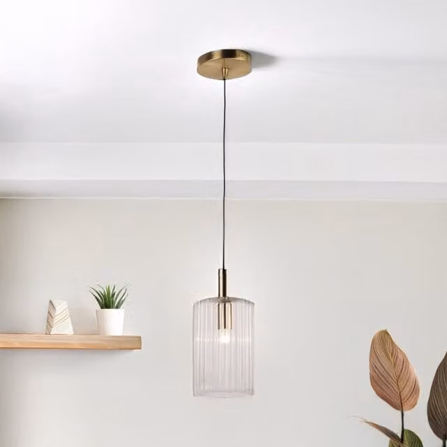 First Choice Lighting Walpole Fluted Glass Ceiling Pendant Fitting in Bronze and Transparent Glass