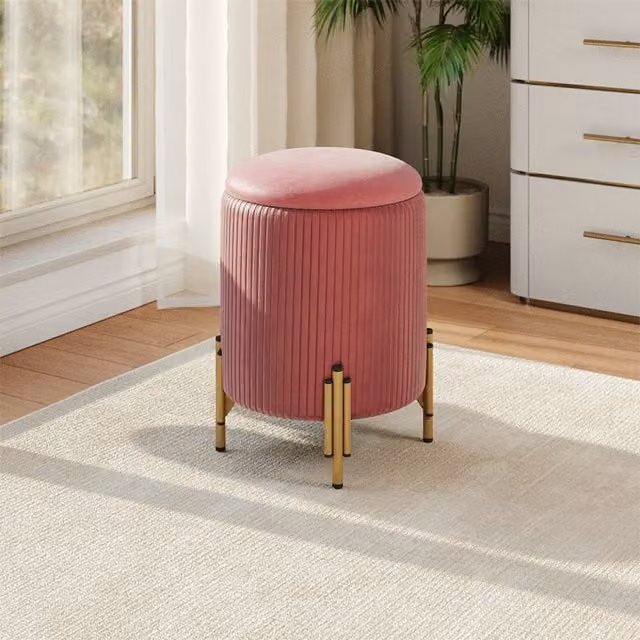 Livingandhome Modern Cylindrical Velvet Storage Ottoman with Gold Metal Base in Pink
