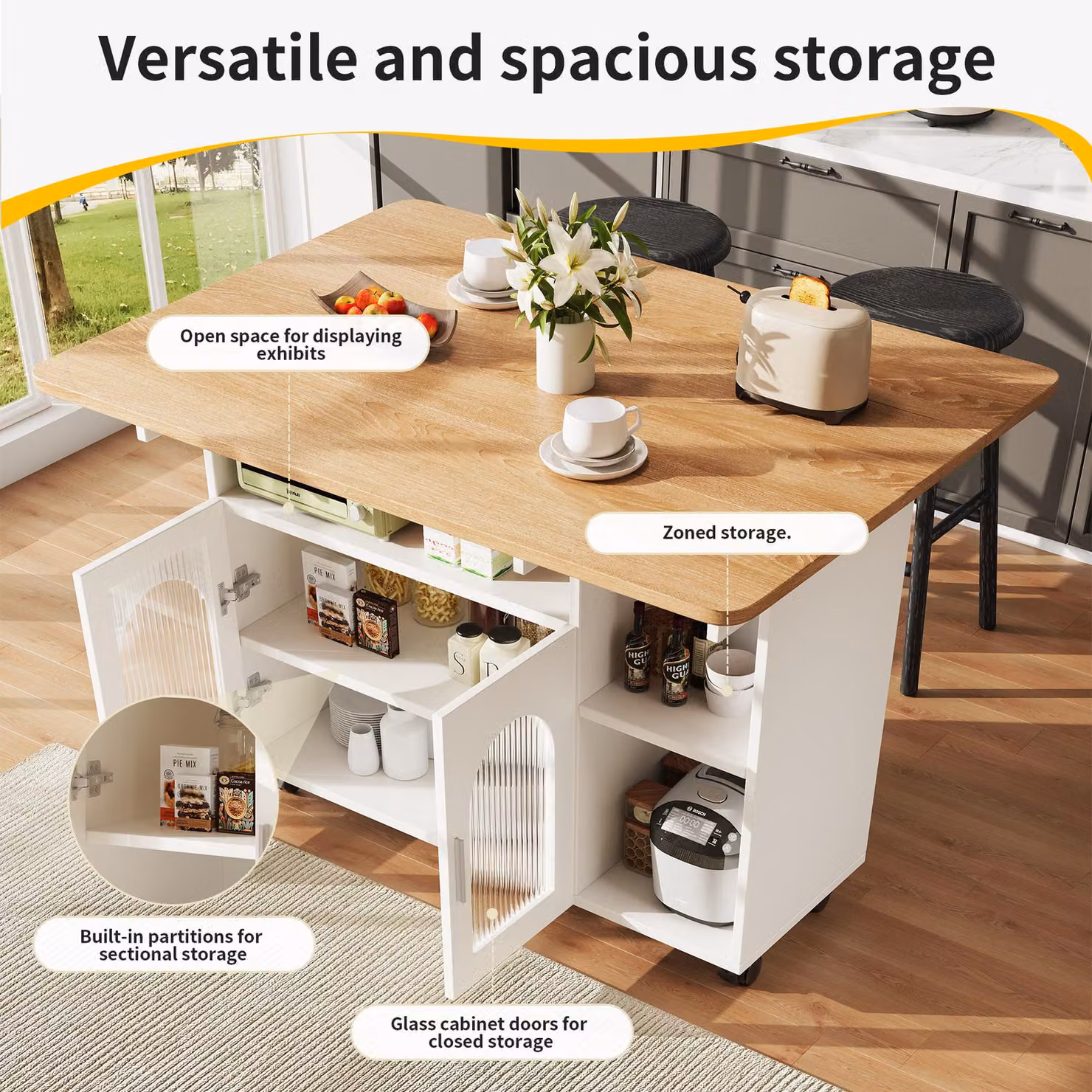Aosom UK Mobile Kitchen Island with Fold-Down Dining Extensions and Open Shelves, White, W/D/H: 120 x 30-70 x 79.5 cm – 3