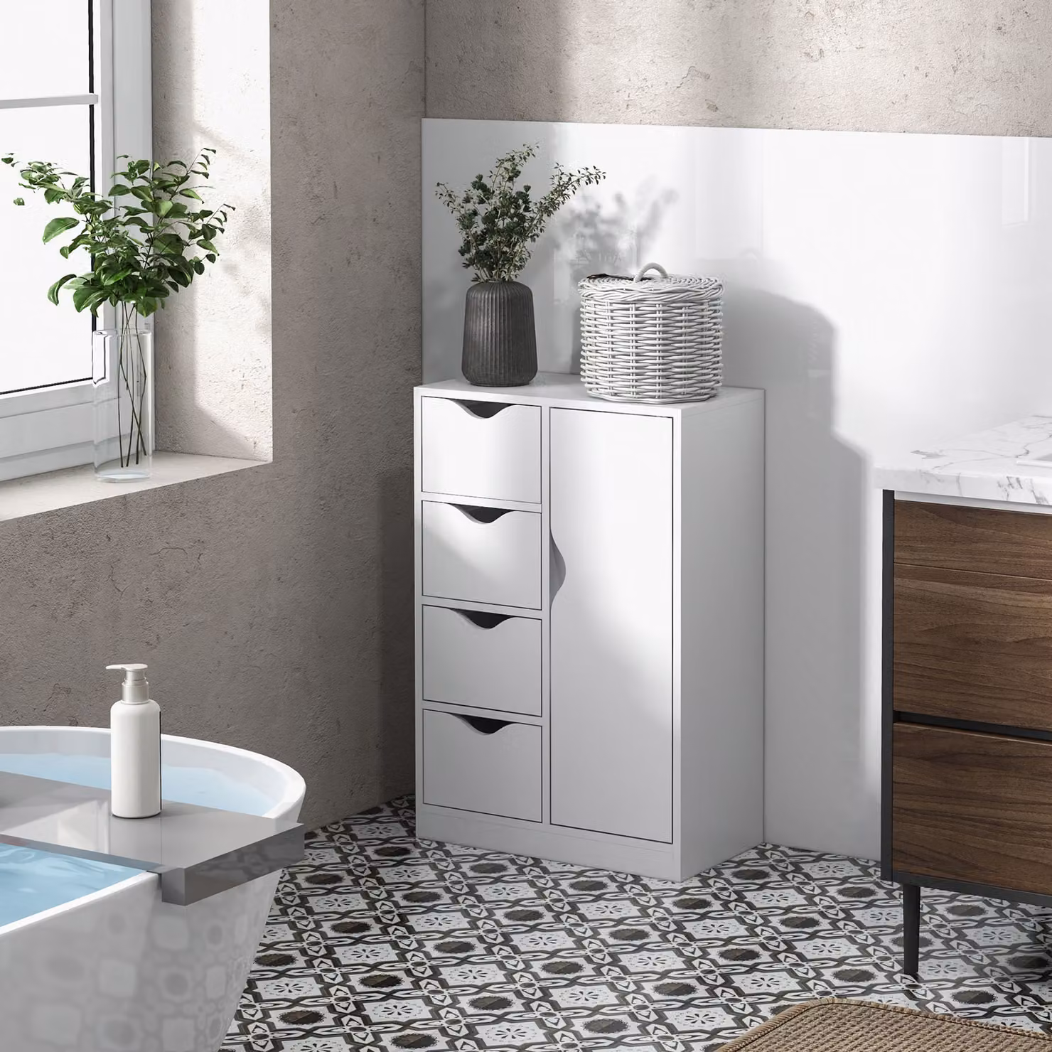 HOMCOM White Freestanding Bathroom Cabinet with 4 Drawers and Door – 2