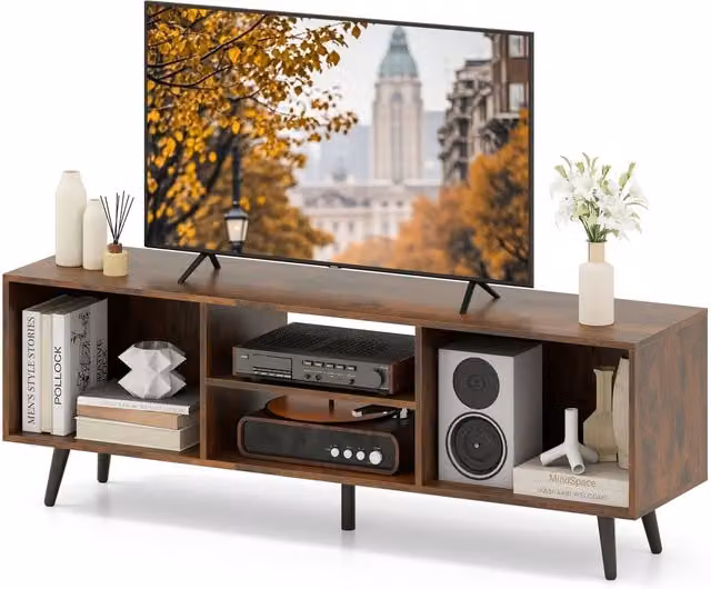 Gymax Mid Century Modern Entertainment Centre TV Stand in Brown, W: 120 cm, D: 30 cm – 1
