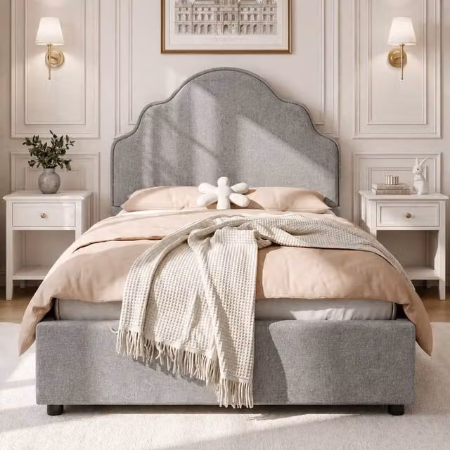 Merax Scalloped Upholstered Single Ottoman Bed Frame, Grey, W/D/H: 90 x 190 cm – 1