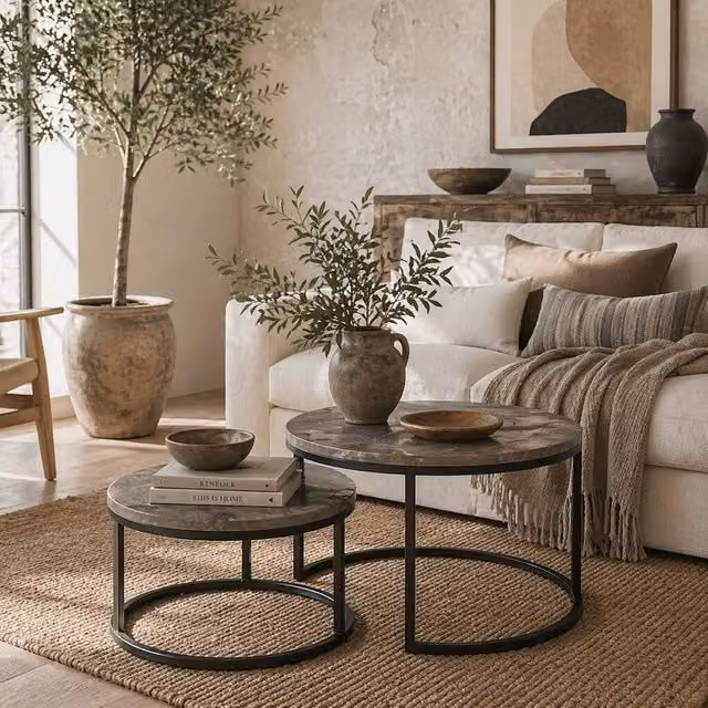 Wyld Haus Reniso Set of 2 Round Nesting Coffee Tables with Dark Grey Marble Effect Tops
