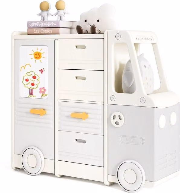 Costway Bus-shaped Toy Storage Organizer Cabinet with Drawers for Children in Beige