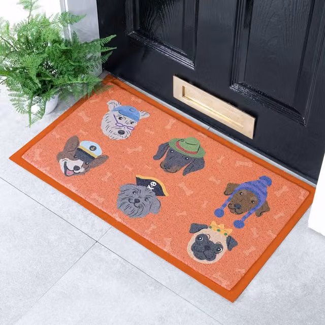 Artsy Mats Dogs with Hats Indoor Outdoor Non-Slip Washable Doormat, Orange