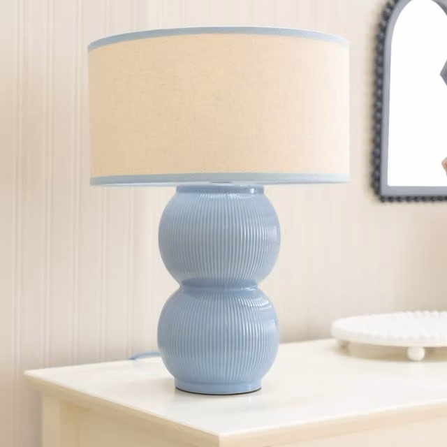 Gemma Stacked Ribbed Ceramic Table Lamp with Fabric Drum Shade and Bulb in Blue
