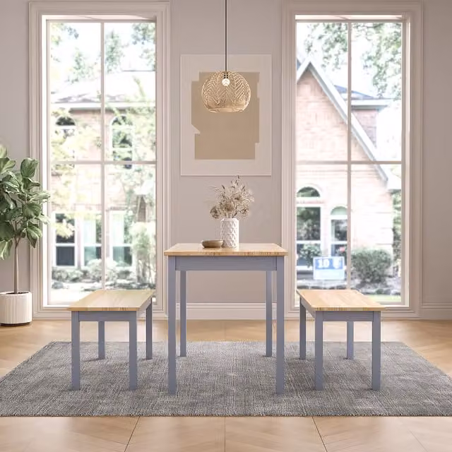 Livingandhome Industrial Grey Wood and Metal Square Dining Table and 3 Stools Set