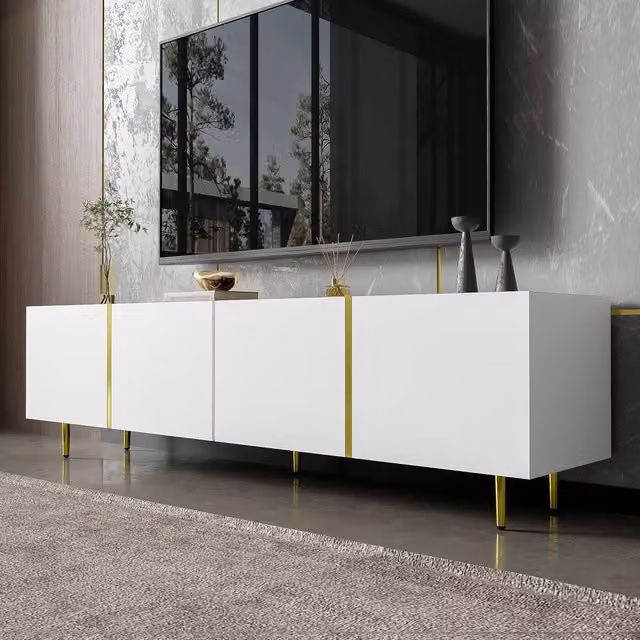 Matteo Modern High-Gloss White TV Cabinet with Gold Accents, W/D/H: 170 x 35 x 46 cm