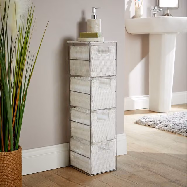 Home Source Ankara 4 Drawer Wicker Tower Storage Unit in White and Silver