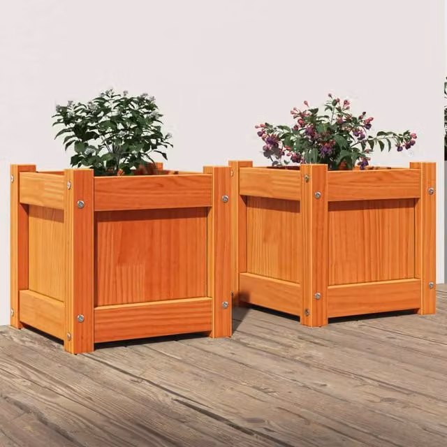 Berkfield Home Garden Wax Brown Solid Wood Pine Planter Tub, 2 Pack