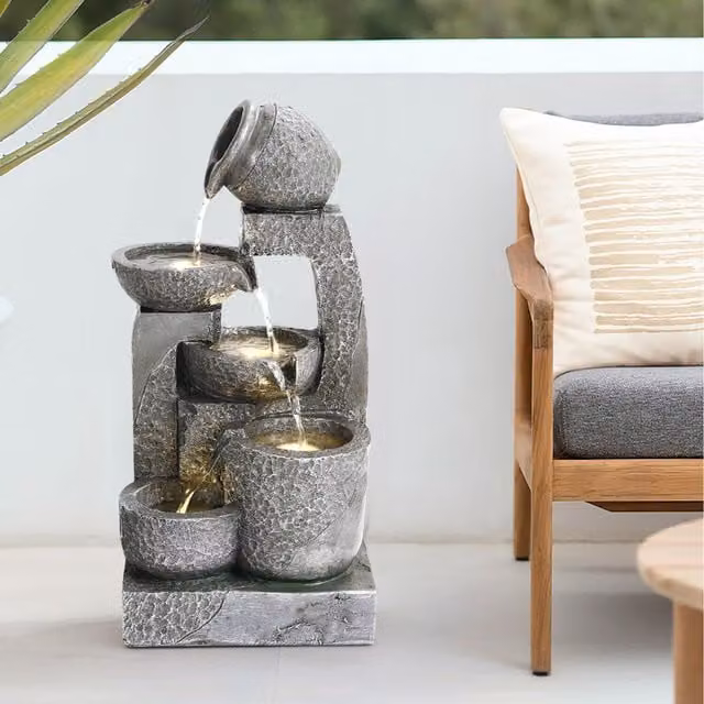 Lifeideas Solar Powered Cascading Tabletop Garden Fountain in Grey, Diameter: 22 cm