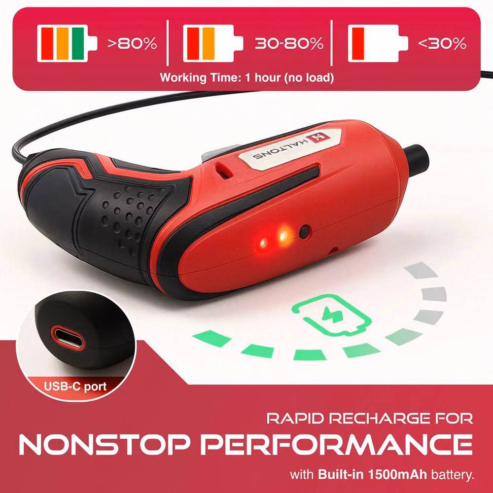 Haltons 25-Piece Red Cordless Electric Screwdriver Set with 3.6V Rechargeable Battery, 5.0Nm Torque and LED Light – 6