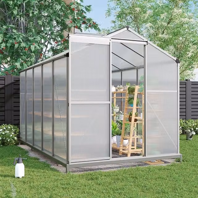Breeins Aluminium Frame Greenhouse with Polycarbonate Window and Base, Silver and Transparent, W/D/H: 313 x 190 x 190 cm