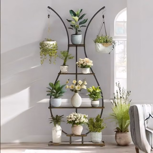 Pirlo Plush 5 Tier Vase Shaped Indoor Outdoor Plant Stand Organiser in Brown, H 181.0 x W 30.0 x D 5.0 cm