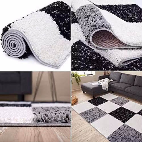 THE RUGS Modern Grey Checked High Pile Shaggy Area Rug, W/D/H: 180 x 270 x 1 cm – 5