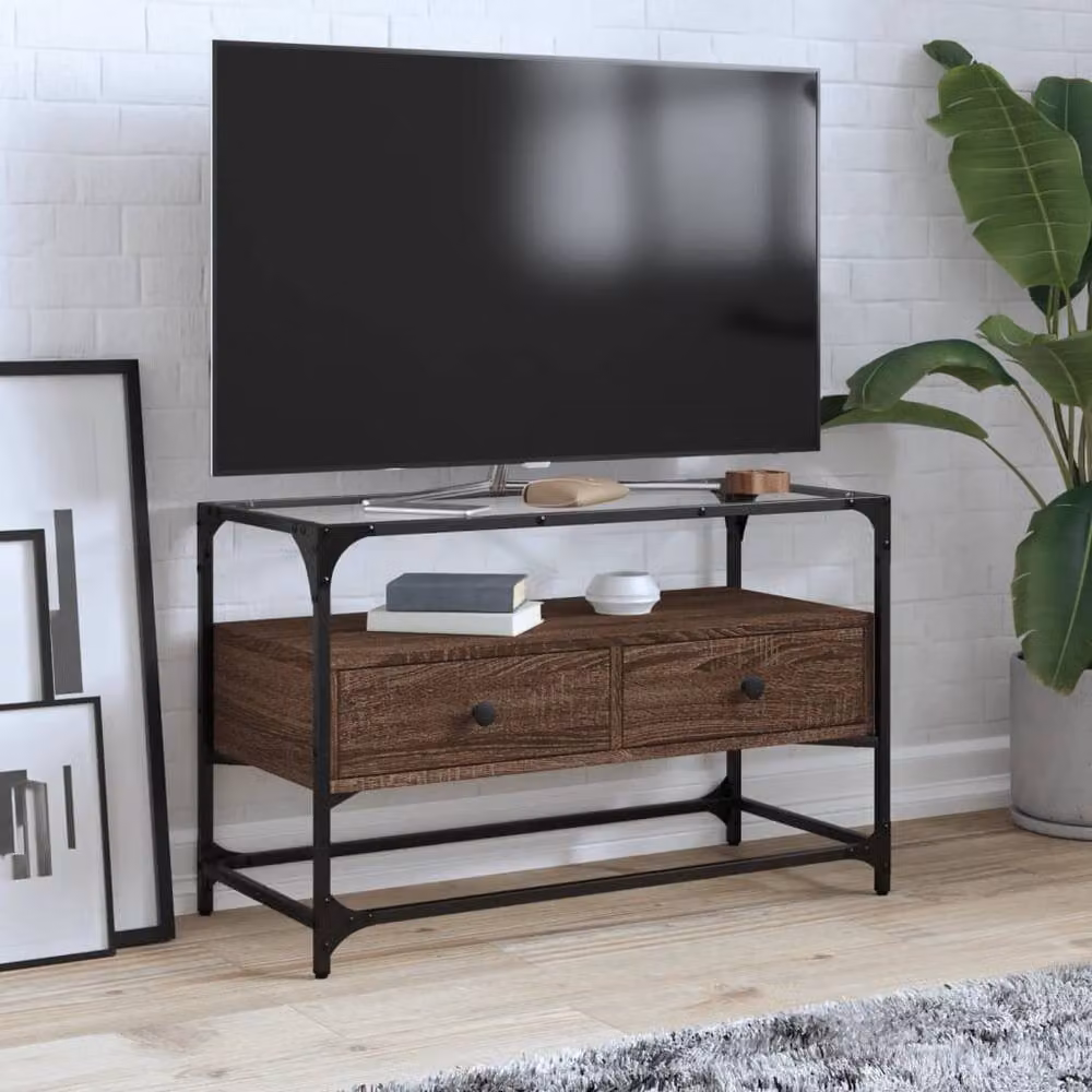 Berkfield Home TV Cabinet in Brown Oak with Glass Top, W/D/H: 80 x 35 x 51 cm – 2