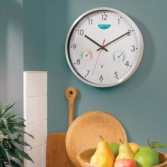 Coopers of Stortford Radio Controlled Wall Clock with Temperature and Humidity Display, White, Diameter: 30 cm