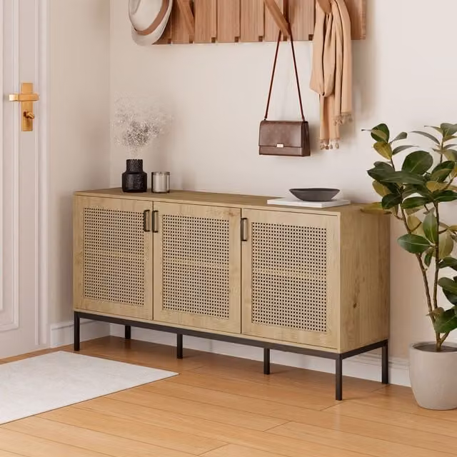 VonHaus Lena Rattan Effect Wide Living Room Storage Sideboard in Brown