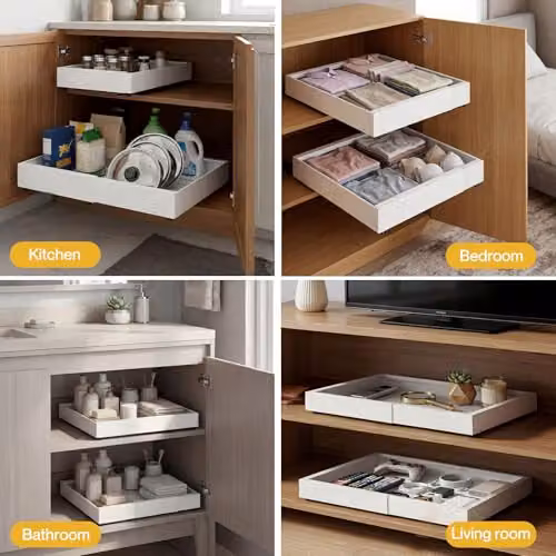 Toque 2 Pack Expandable Pull Out Cabinet Organisers in White, Adjustable Carbon Steel Slide Out Drawers with 3-Rail System – 8