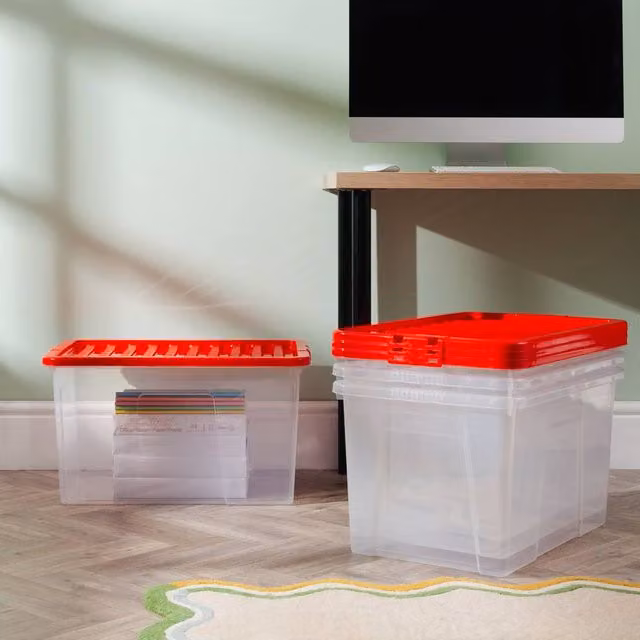Wham Crystal 60L Stackable Plastic Storage Boxes with Red Lids, Pack of 4, Transparent – 1