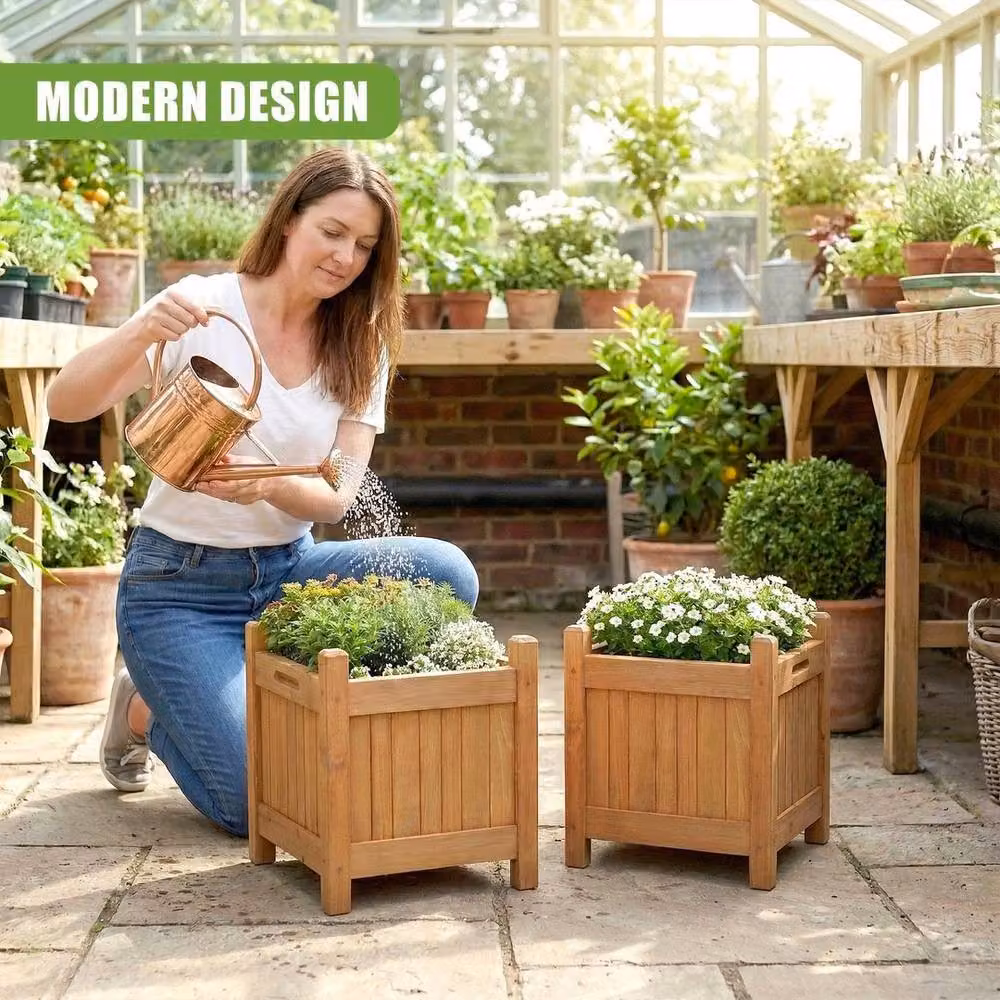SPETLEK Set of 2 Brown Wooden Square Garden Planter Tubs, W/D/H: 30 x 38 x 30 cm – 2