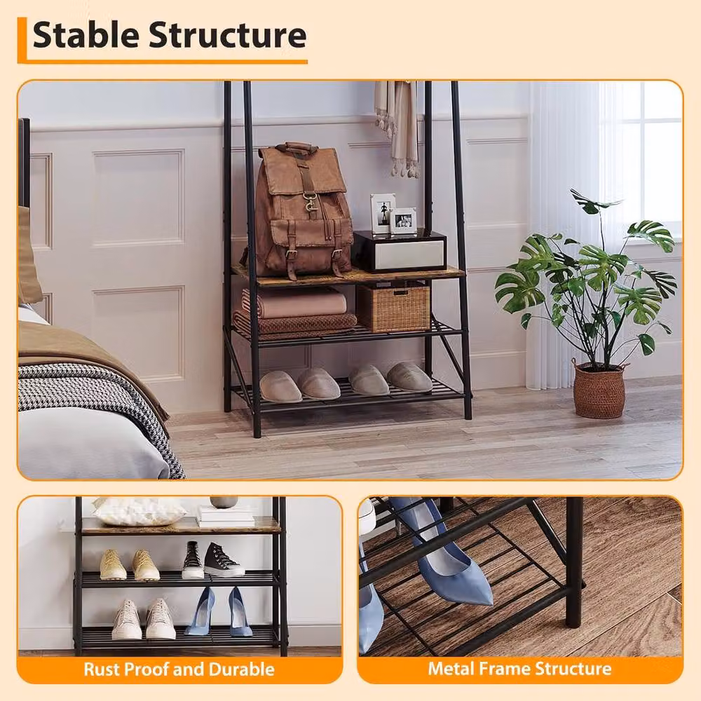 London Boutique 4-in-1 Industrial Hall Tree with Shoe Storage Bench and 5 Hooks in Brown – 5