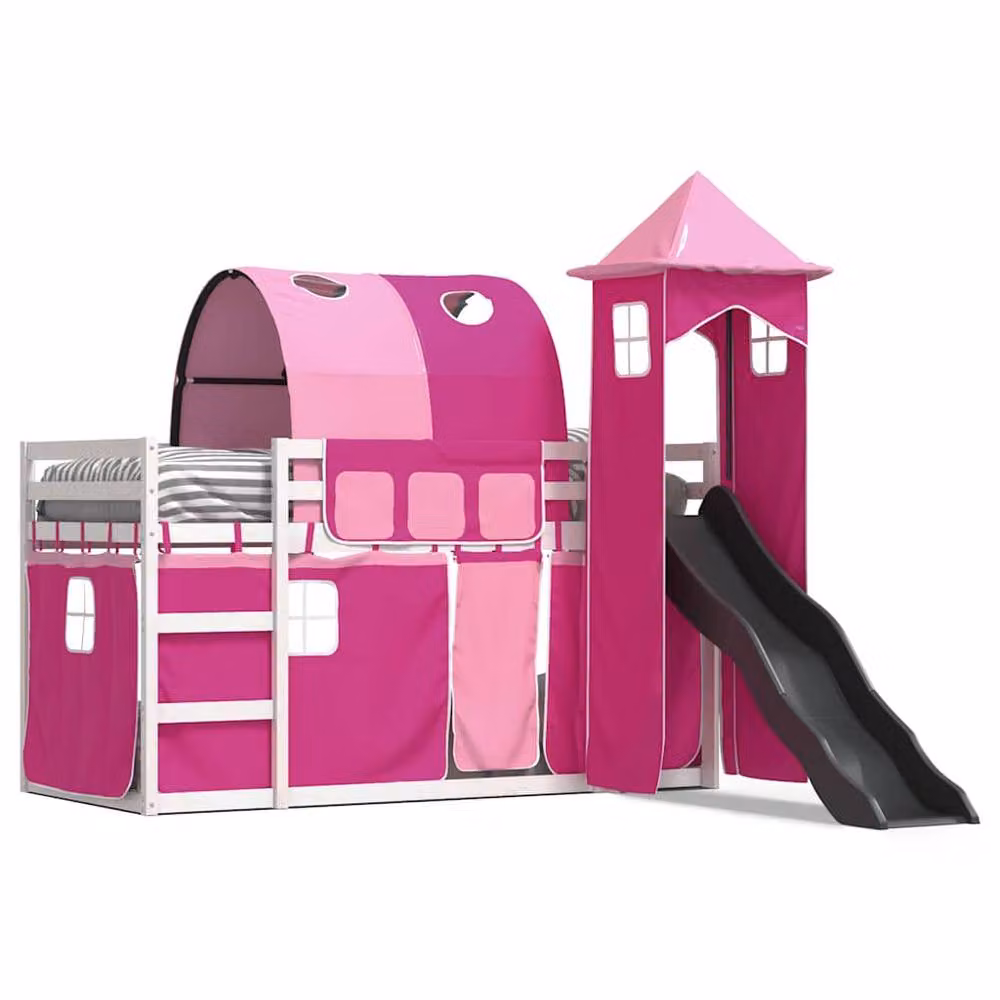 Berkfield Home Elegant Bunk Bed with Slide and Curtains in Pink, Solid Pine Wood, W/D/H: 90 x 200 cm – 3