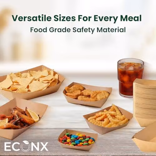 ECONX 50 Pack Brown Kraft Paper Food Trays, W: 25 cm x D: 15 cm x H: 6.5 cm – 3