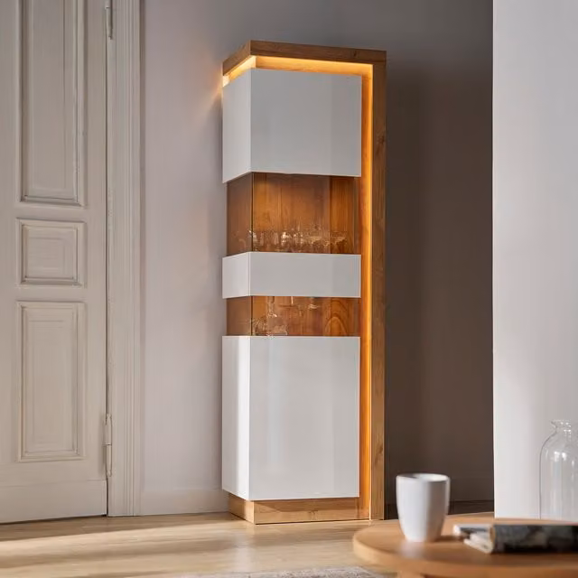 Jonas & James Lelia Tall Narrow Display Cabinet in White and Oak with Glass Doors and LED Lighting